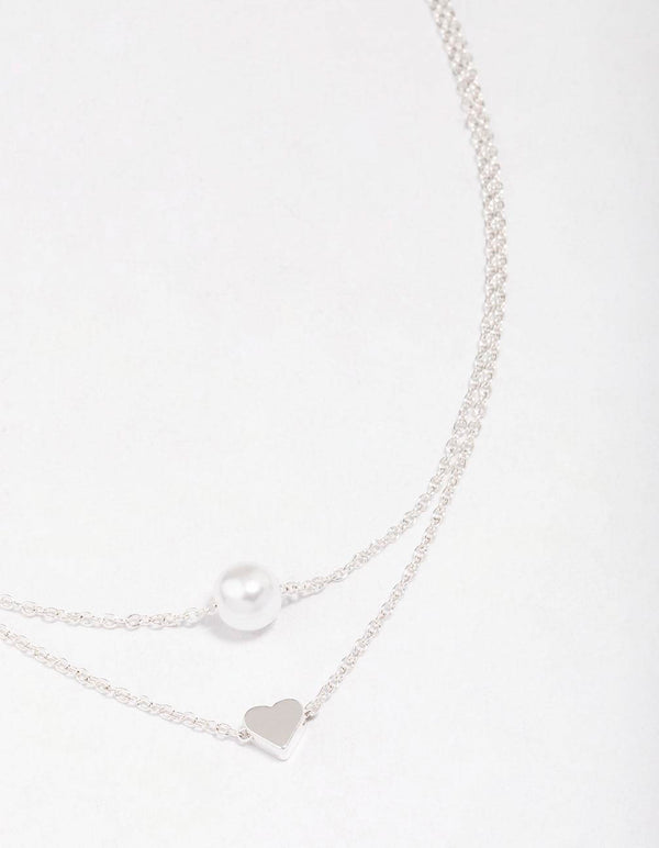 Silver Double Chain Pearl Heart Necklace
