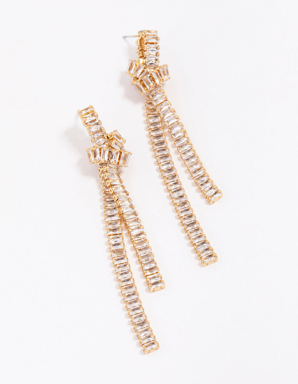 Gold Plated Cubic Zirconia Baguette Knotted Drop Earrings