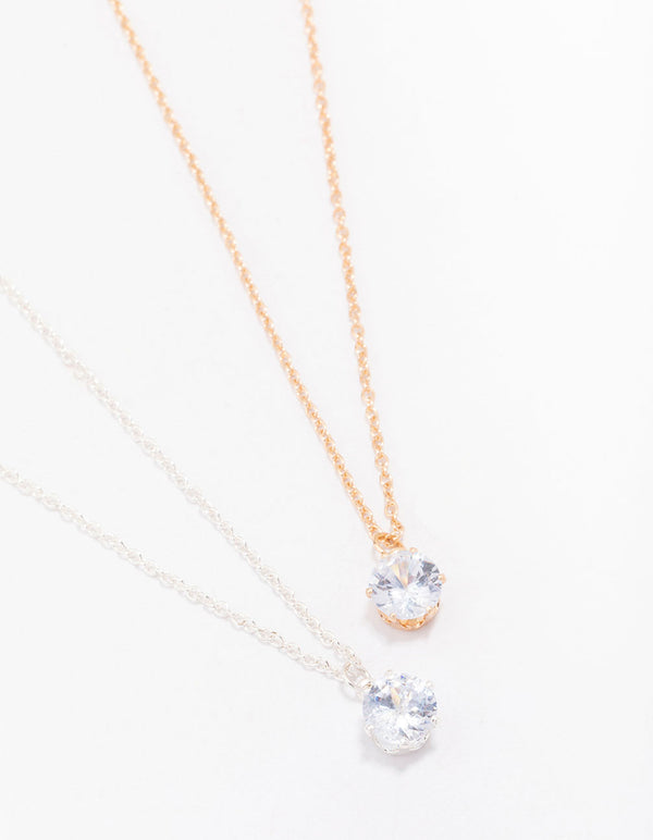 Gold & Silver Solitaire Crystal Necklace Pack