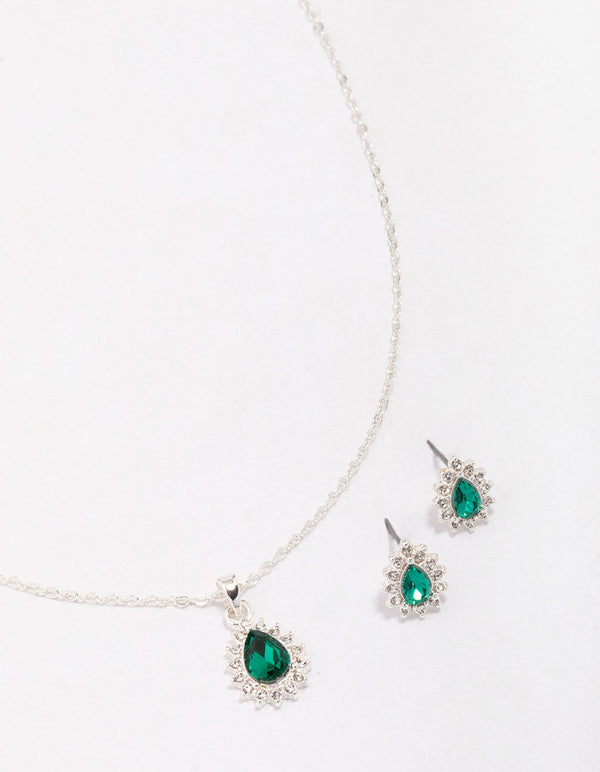 Silver Emerald Teardrop Diamante Jewellery Set