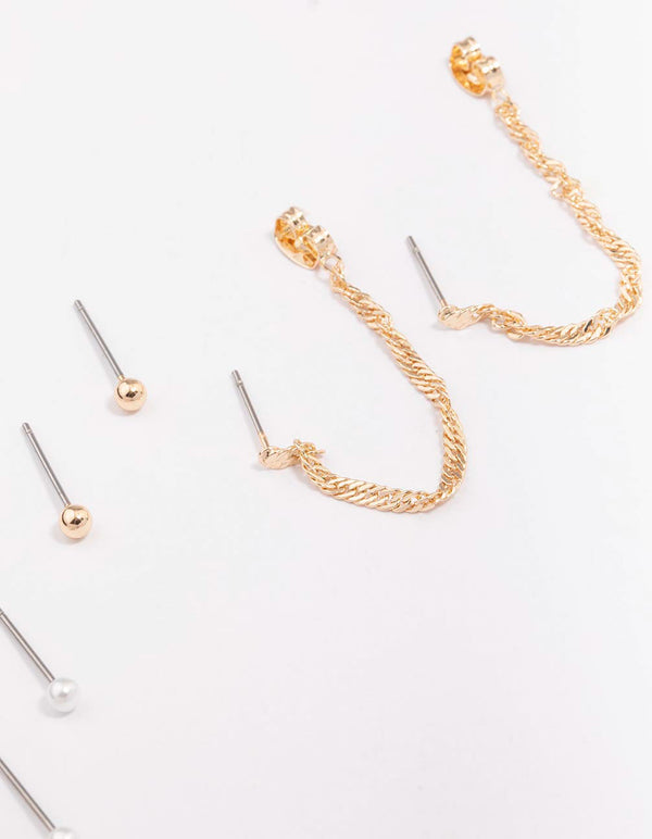 Gold Mixed Chain & Drop Earring 4-Pack