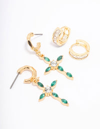 Gold Plated Emerald Diamante Cross Earring Pack - link has visual effect only