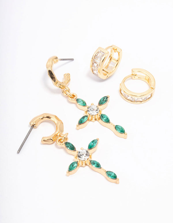 Gold Plated Emerald Diamante Cross Earring Pack