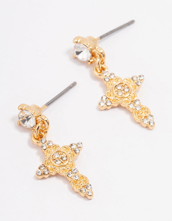 Gold Plated Diamante Cross Drop Earrings