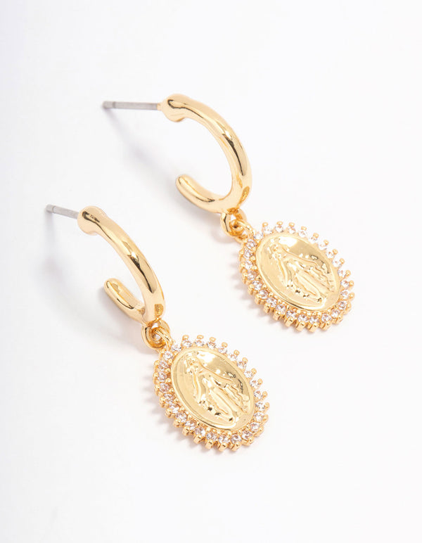 Gold Plated Diamante Classic Coin Hoop Earrings