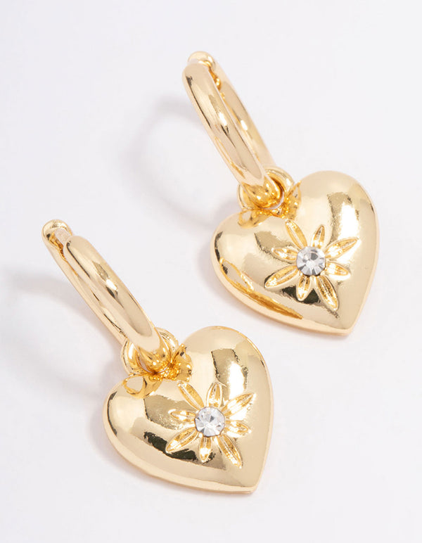 Gold Plated Diamante Heart Huggie Hoop Earrings