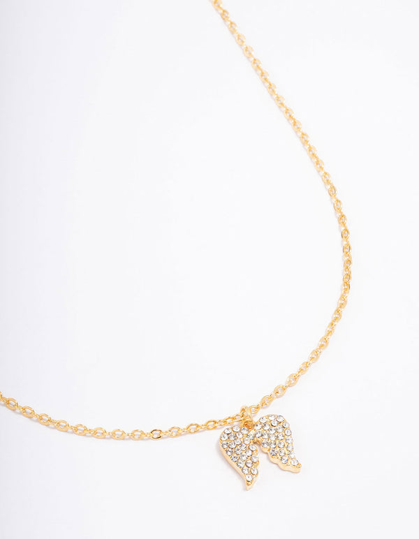 Gold Plated Diamante Angel Wing Pendant Necklace