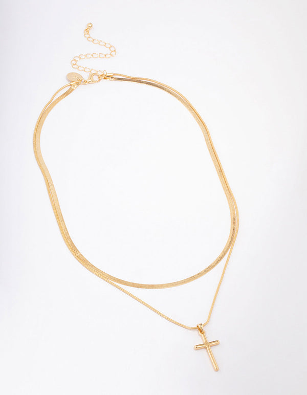 Gold Plated Plain Cross Snake Layered Necklace