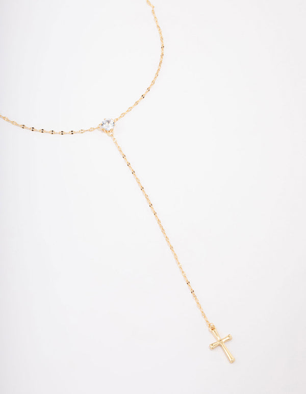 Gold Plated Cubic Zirconia Cross Lariat Necklace