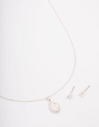 Silver Plated Diamante Signature Coin Necklace & Earring Set - link has visual effect only