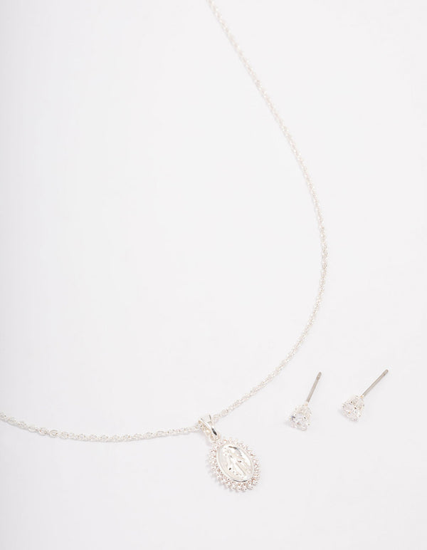 Silver Plated Diamante Signature Coin Necklace & Earring Set