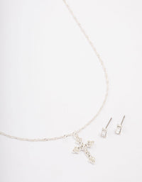 Silver Plated Diamante Cross Pendant Necklace & Stud Earring Set - link has visual effect only