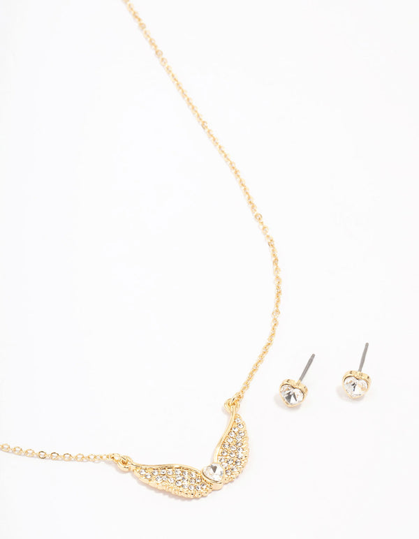 Gold Plated Diamante Heart Wing Necklace & Stud Earring Set