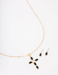 Gold Plated & Black Onyx Cross Necklace & Stud Earring Set - link has visual effect only