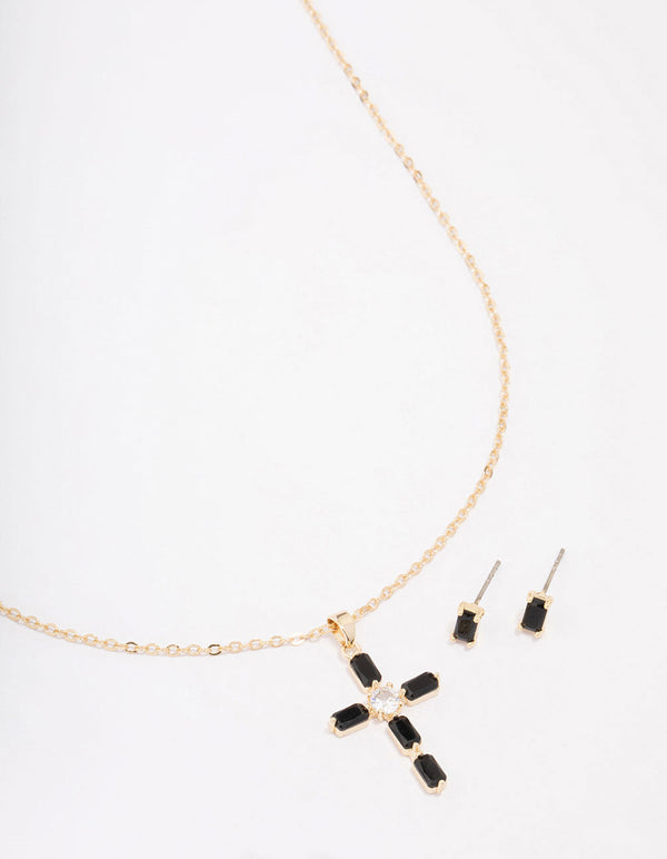 Gold Plated & Black Onyx Cross Necklace & Stud Earring Set