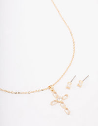 Gold Plated Diamante Cross Pendant Necklace & Stud Earring Set - link has visual effect only
