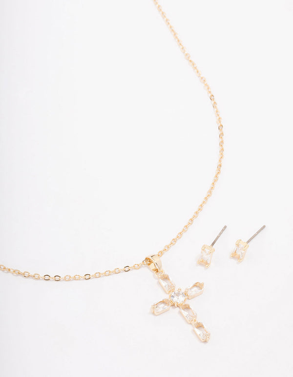 Gold Plated Diamante Cross Pendant Necklace & Stud Earring Set