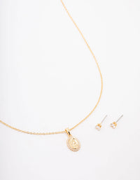 Gold Plated Crystal Coin Pendant Necklace & Stud Earring Set - link has visual effect only