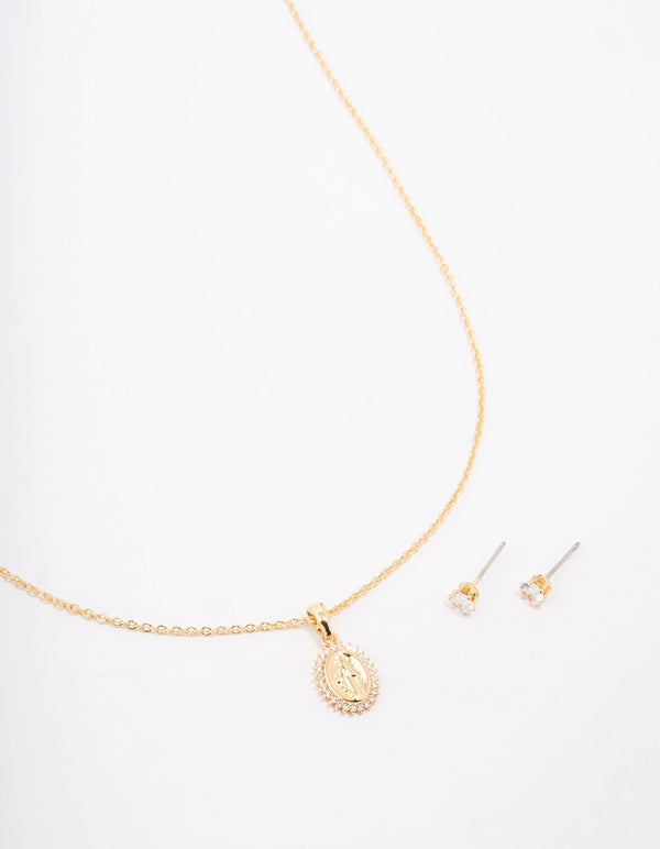 Gold Plated Crystal Coin Pendant Necklace & Stud Earring Set
