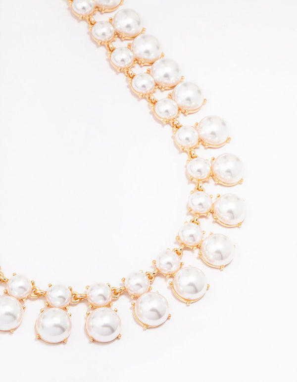 Gold Pearl Duo Row Statement Necklace