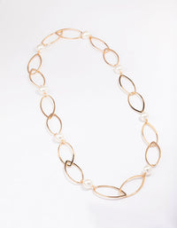 Gold Oval Pearl Link Chain Necklace - link has visual effect only