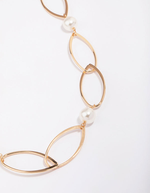 Gold Oval Pearl Link Chain Necklace