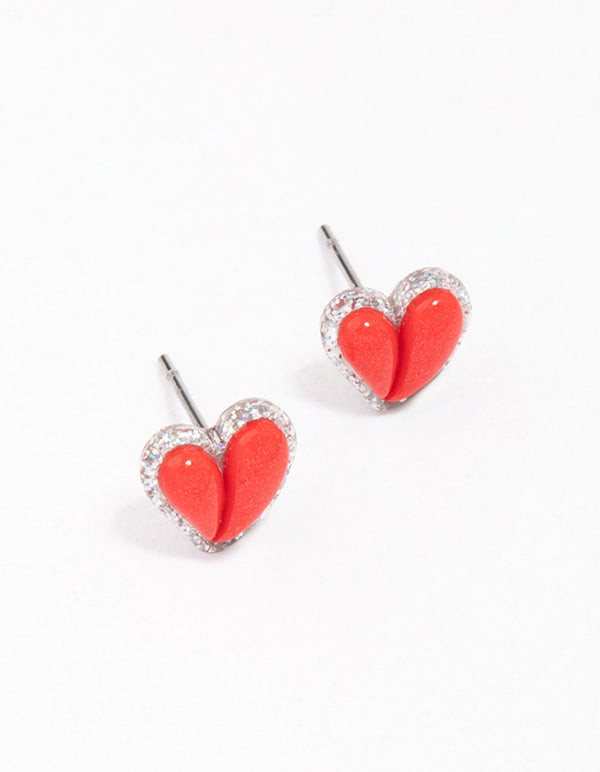 Red Puffy Heart Glitter Stud Earrings
