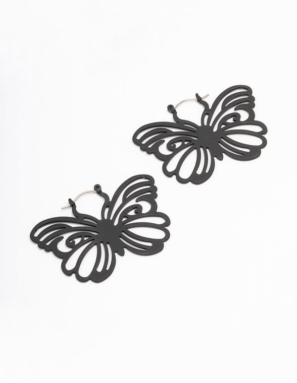 Black Butterfly Pattern Hoop Earrings