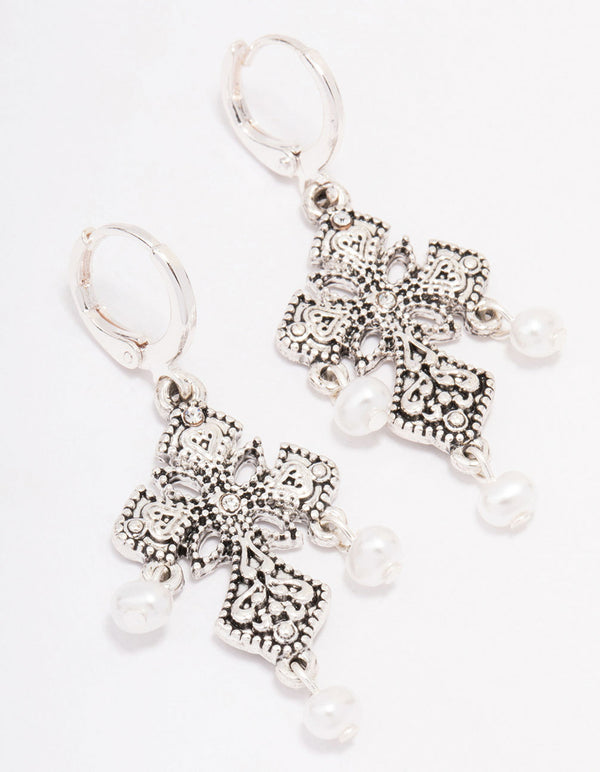 Antique Silver Cross Droplet Drop Earrings