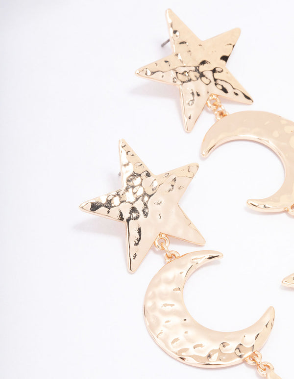 Gold Textured Star & Moon Drop Earrings