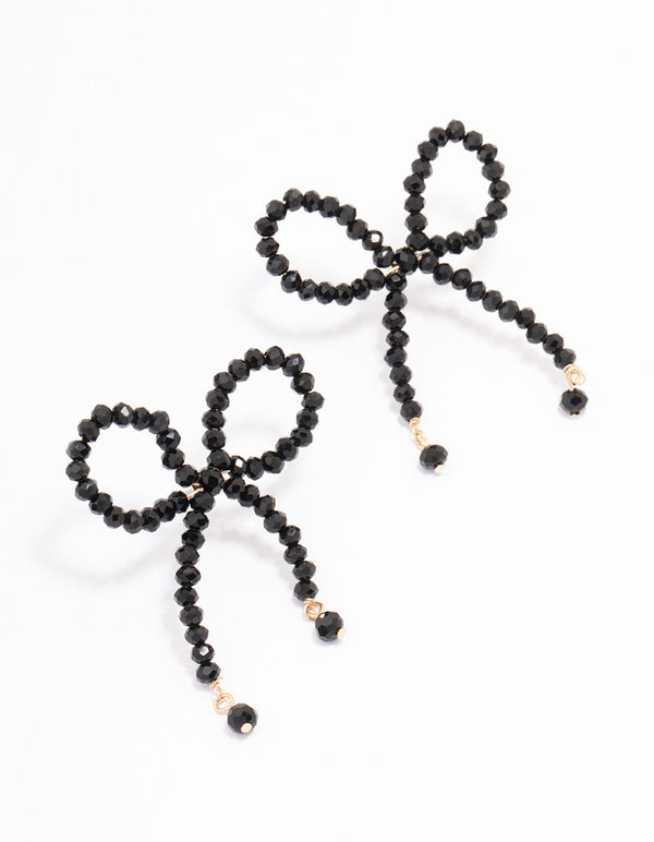 Black Beaded Bow Drop Earrings