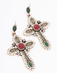 Antique Gold Jeweled Cross Drop Earrings - link has visual effect only