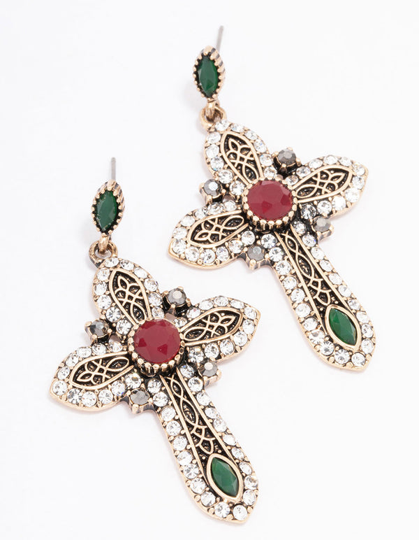 Antique Gold Jeweled Cross Drop Earrings
