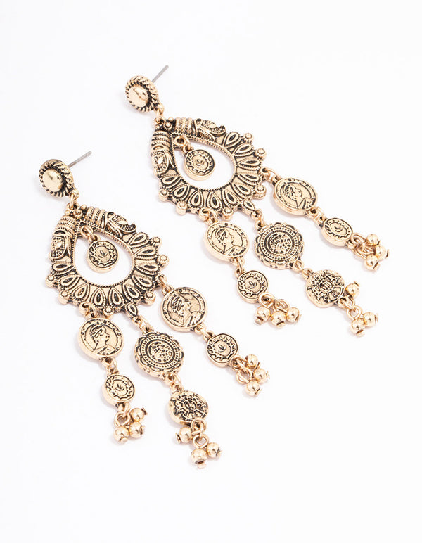 Antique Gold Coin Droplet Earrings