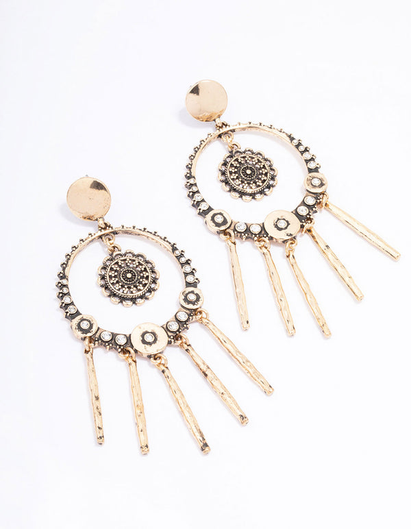 Antique Gold Round Medallion Drop Earrings