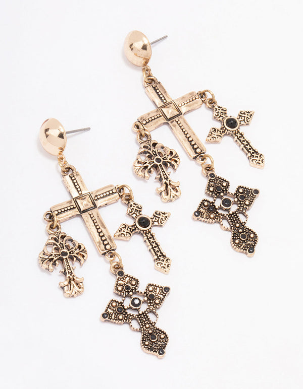 Antique Gold Multi Cross Drop Earrings