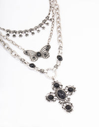 Antique Silver Butterfly Cross Stone Layered Necklace - link has visual effect only
