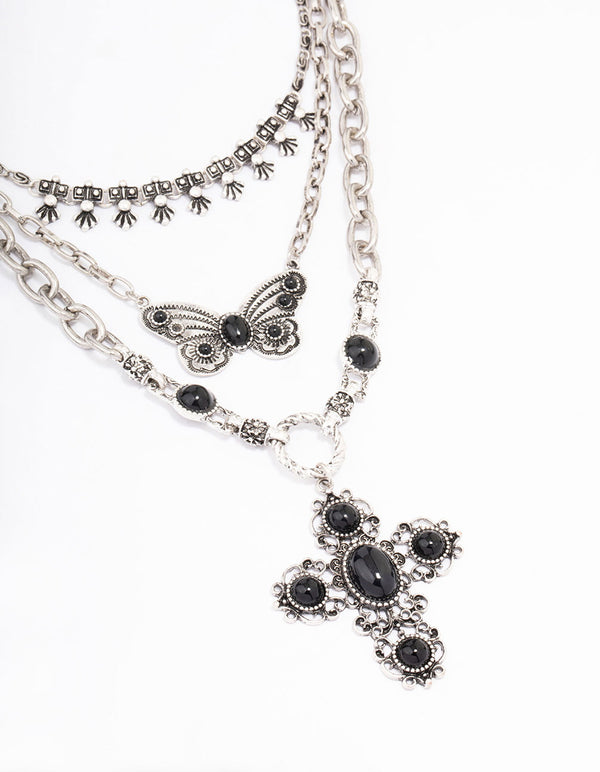 Antique Silver Butterfly Cross Stone Layered Necklace