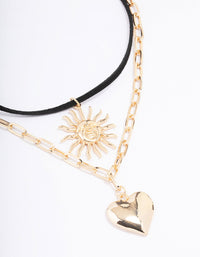 Gold Heart Sun Cord Layered Necklace - link has visual effect only