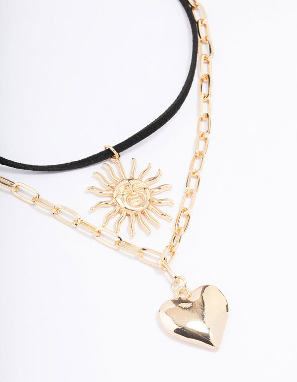 Gold Heart Sun Cord Layered Necklace