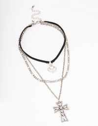 Rhodium Diamante Cross Cord Layered Necklace - link has visual effect only