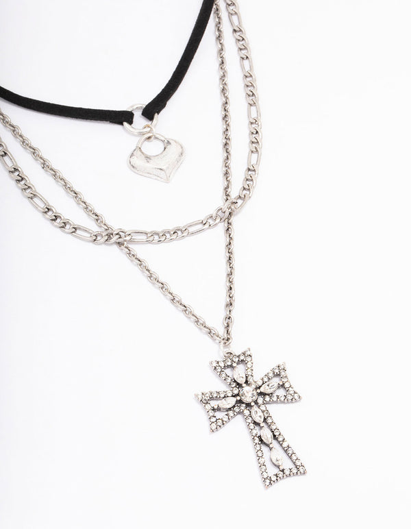 Rhodium Diamante Cross Cord Layered Necklace