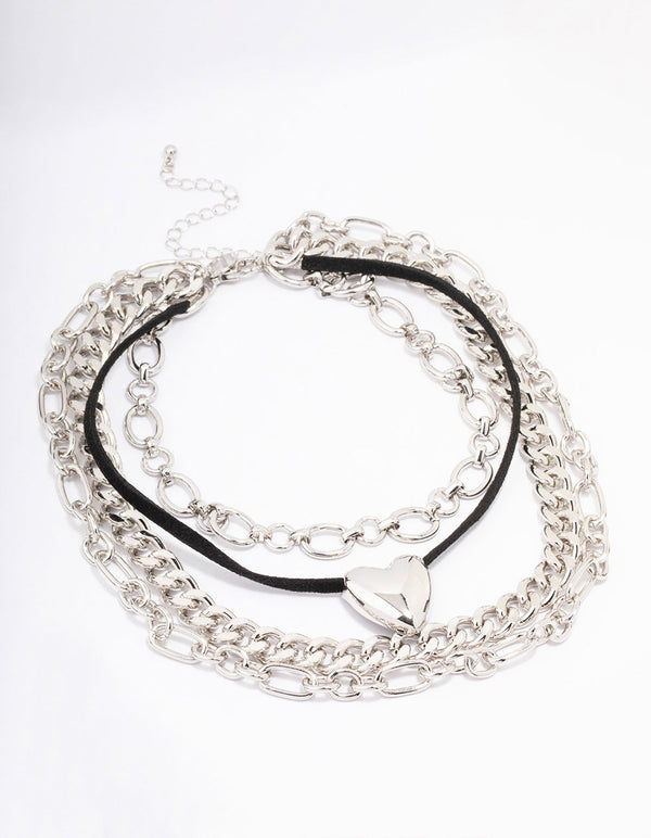 Silver Puffy Heart Layered Mixed Chain Necklace