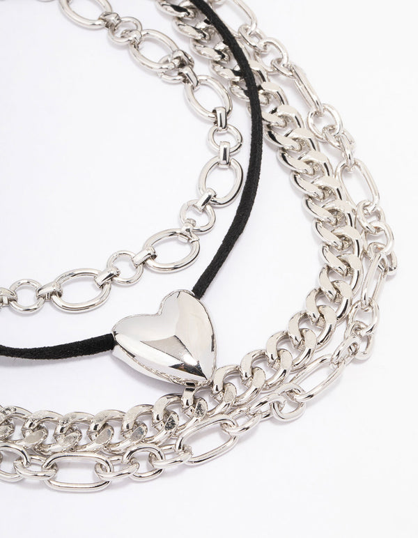 Rhodium Puffy Heart Layered Mixed Chain Necklace