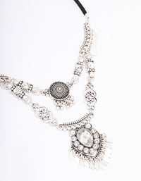 Antique Silver Metal Fringe Diamante Layered Necklace - link has visual effect only