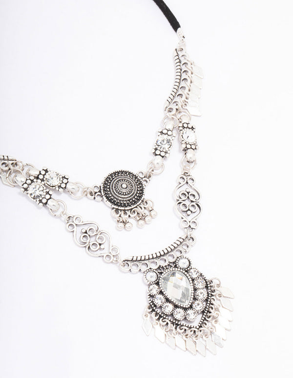 Antique Silver Metal Fringe Diamante Layered Necklace