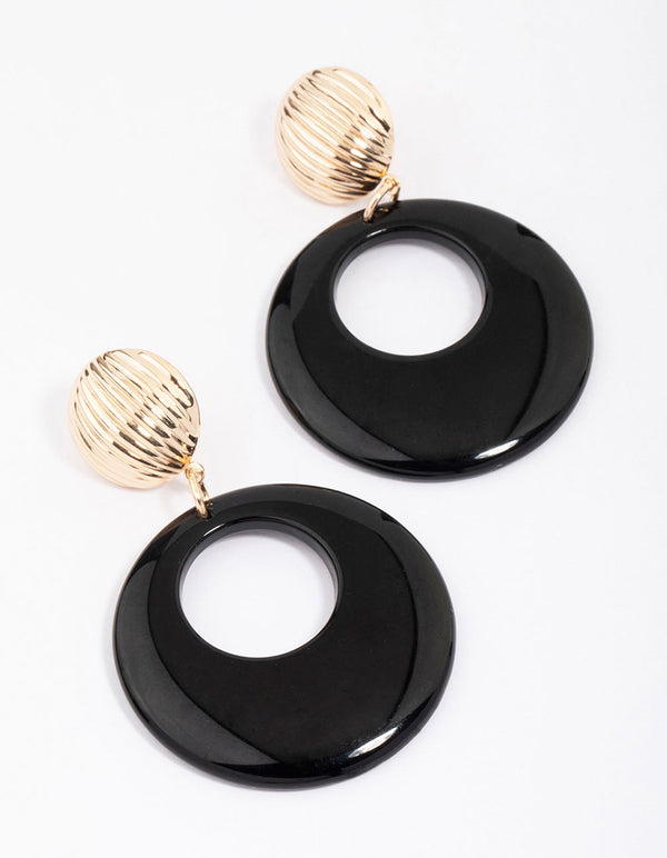 Gold & Black Ribbed Circular Drop Earrings