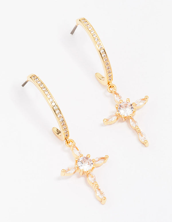 Gold Plated Cubic Zirconia Marquise Cross Drop Earrings