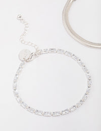 Silver Plated Cubic Zirconia Baguette Snake Double Chain Bracelet Pack - link has visual effect only