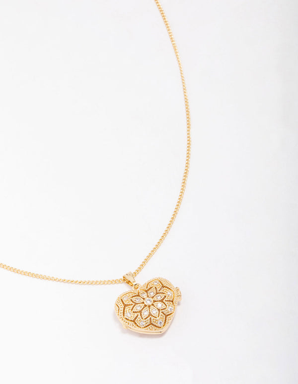 Gold Plated Heart Locket Cubic Zirconia Pendant Necklace